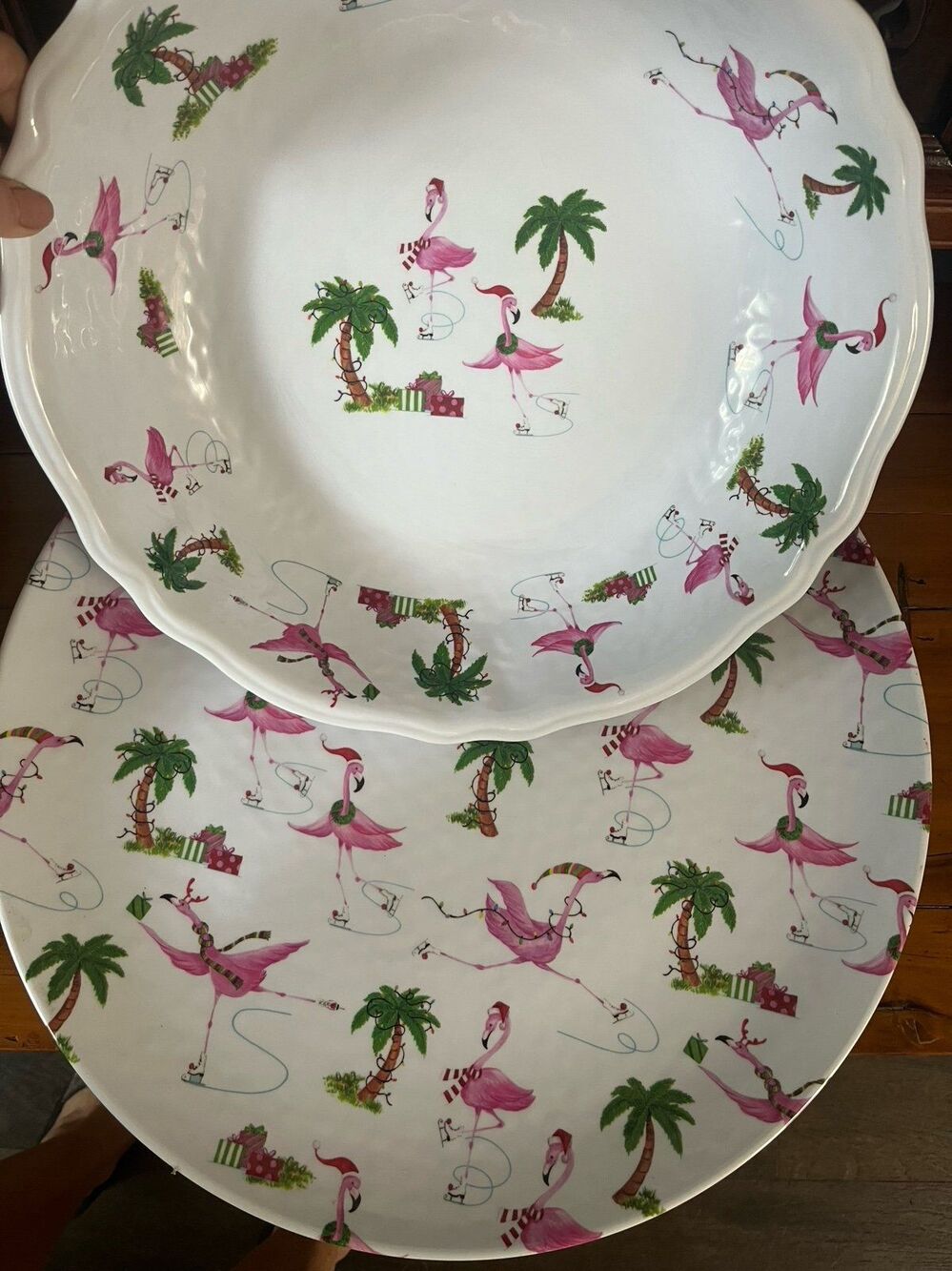 Home Flamingos Christmas Palm Trees Round Melamine Serving Platter and Bowl